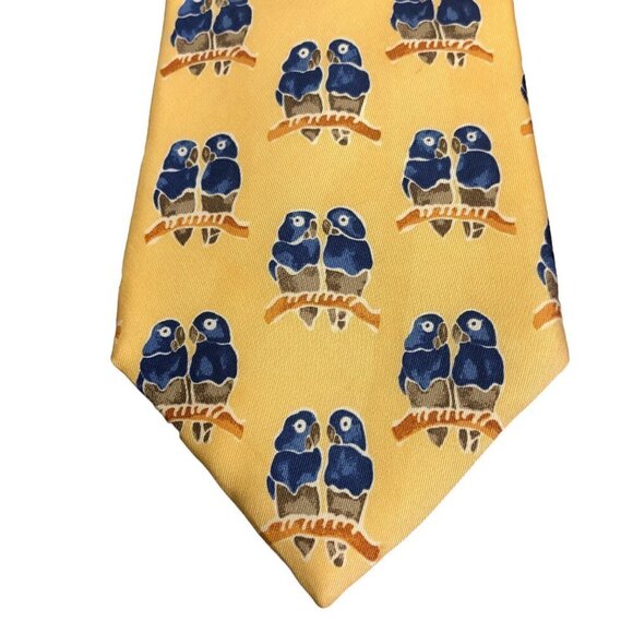 Lands End Silk Parrot Necktie Blue Parrot Pair on Branch Yellow Background USA - Picture 2 of 5